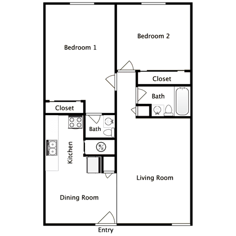 Floor plan for 2 beds, 1.5 baths, 912 sqft